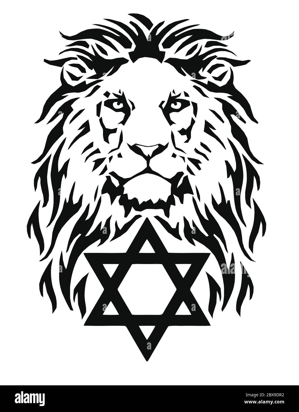 Le Lion et le symbole du Judaïsme - étoile de David, Megan David, dessin pour tatouage, sur fond blanc, vecteur Illustration de Vecteur