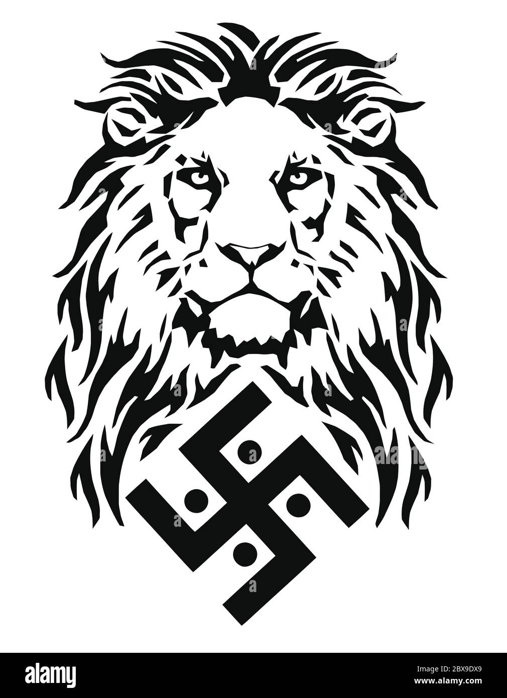 Le lion et le symbole de la religion indienne du jaïnisme - la croix gammée, dessin de tatouages, sur un fond blanc, vector Illustration de Vecteur