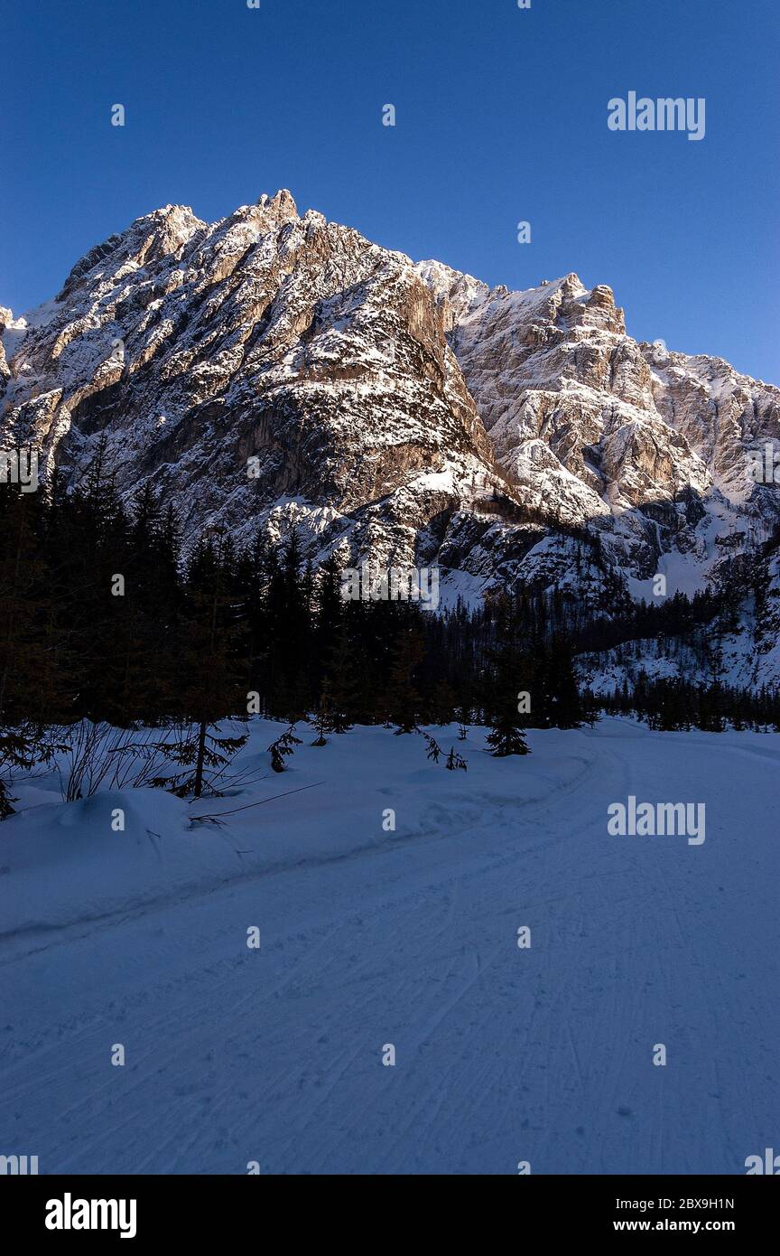 Mont Jod di Montasio. Alpes juliennes en hiver dans la vallée de Saisera (Val Saisera) avec des sommets enneigés et un ciel bleu clair. Tarvisio, Friuli, Italie. Banque D'Images