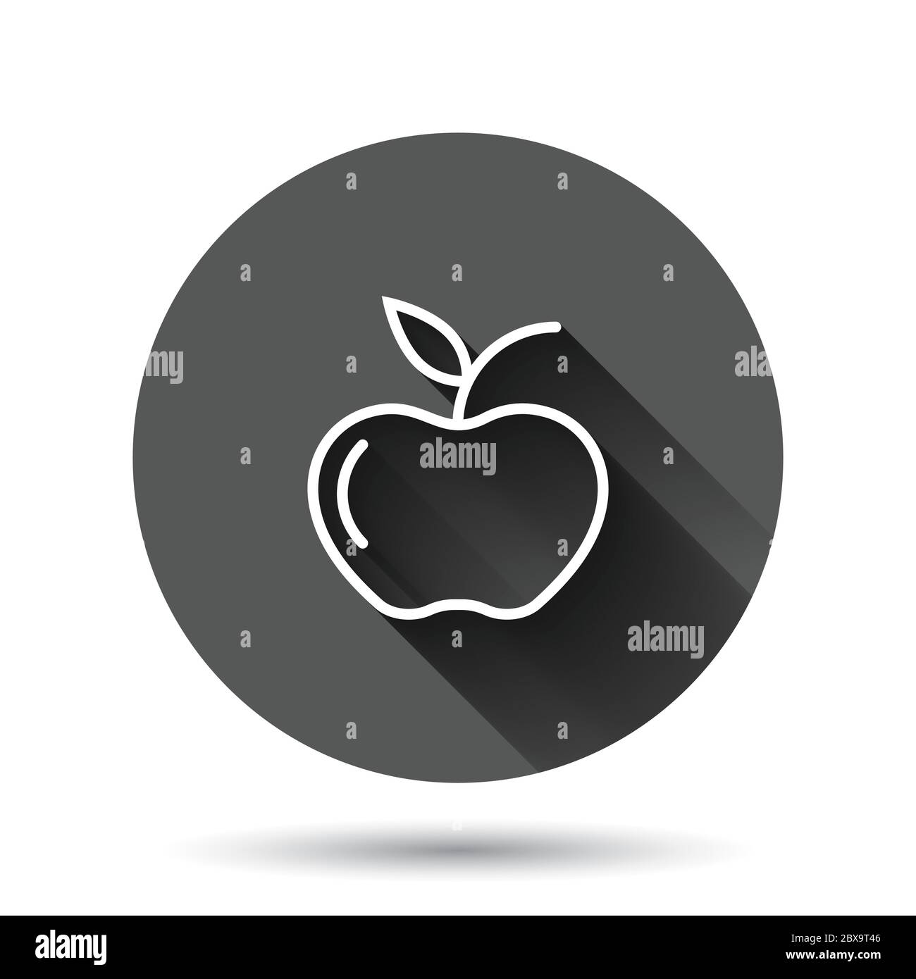 Icône Apple plate. Illustration vectorielle de fruits frais sur fond noir rond avec effet d'ombre longue. Concept commercial Juicy Food Circle Button Illustration de Vecteur