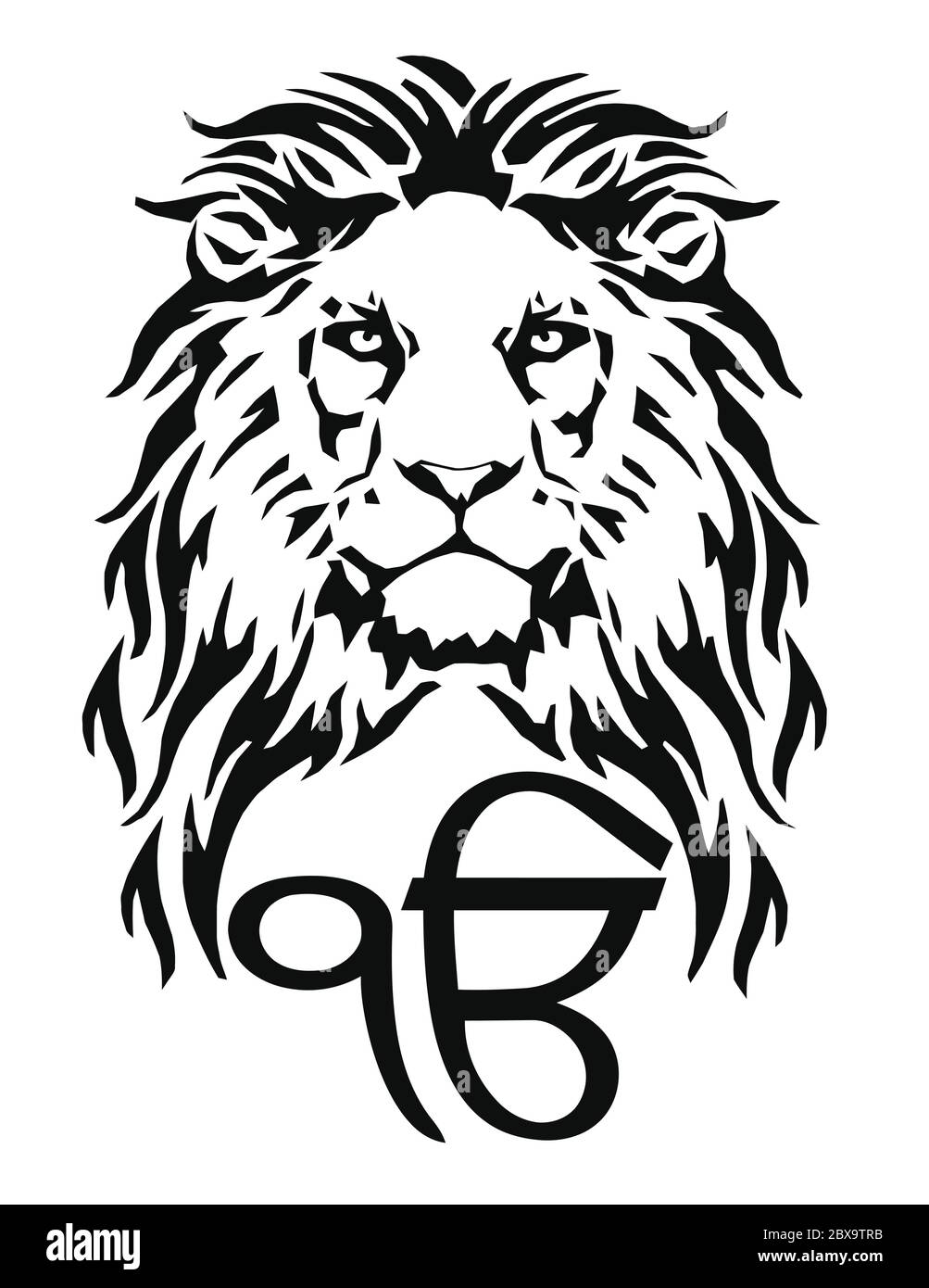 Le Lion et le symbole le plus significatif du Sikhisme - signe Ek Onkar, dessin pour tatouage, sur fond blanc, vecteur Illustration de Vecteur
