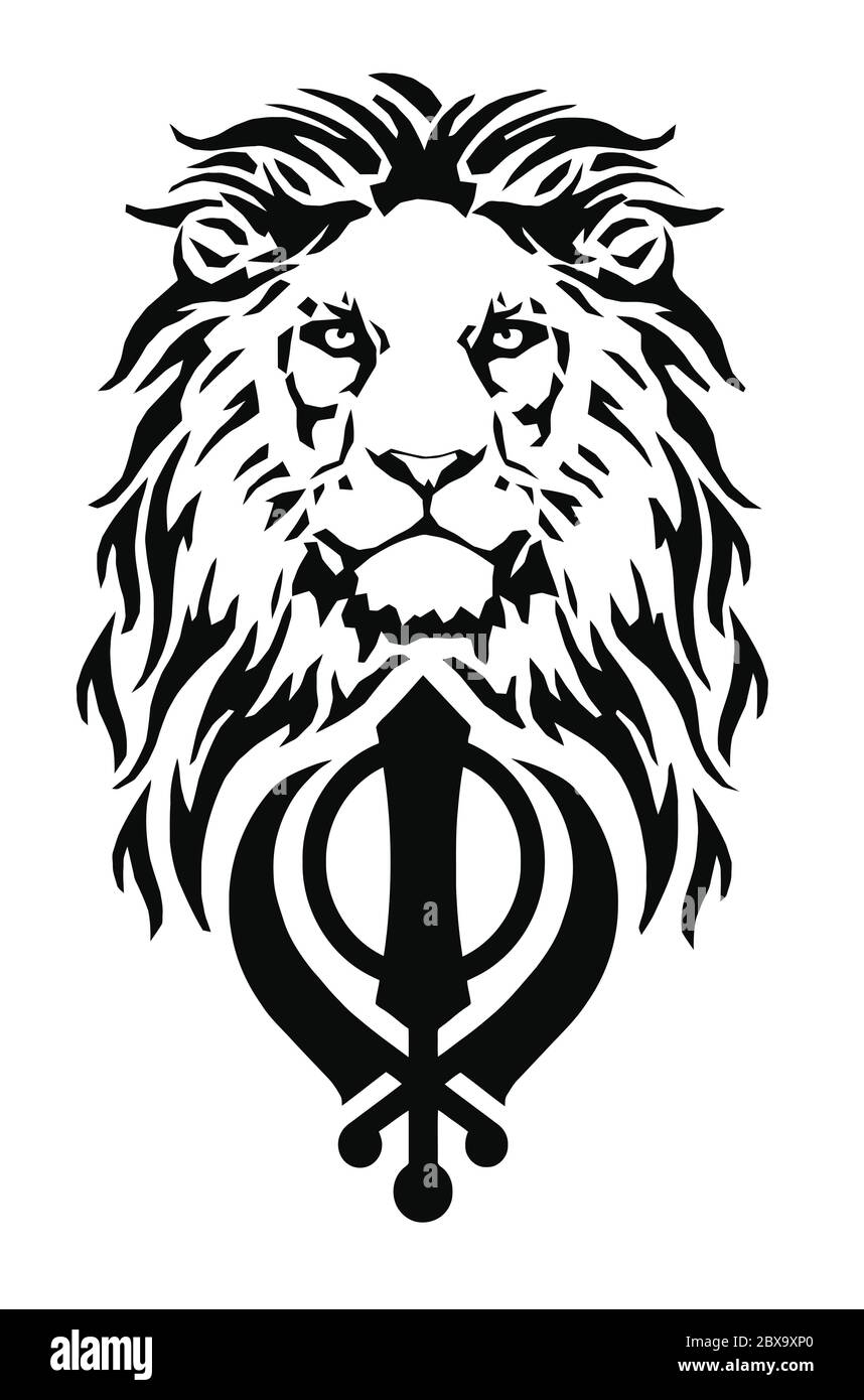 Le Lion et le symbole le plus significatif du Sikhisme - signe de Khanda, dessin pour tatouage, sur fond blanc, vecteur Illustration de Vecteur