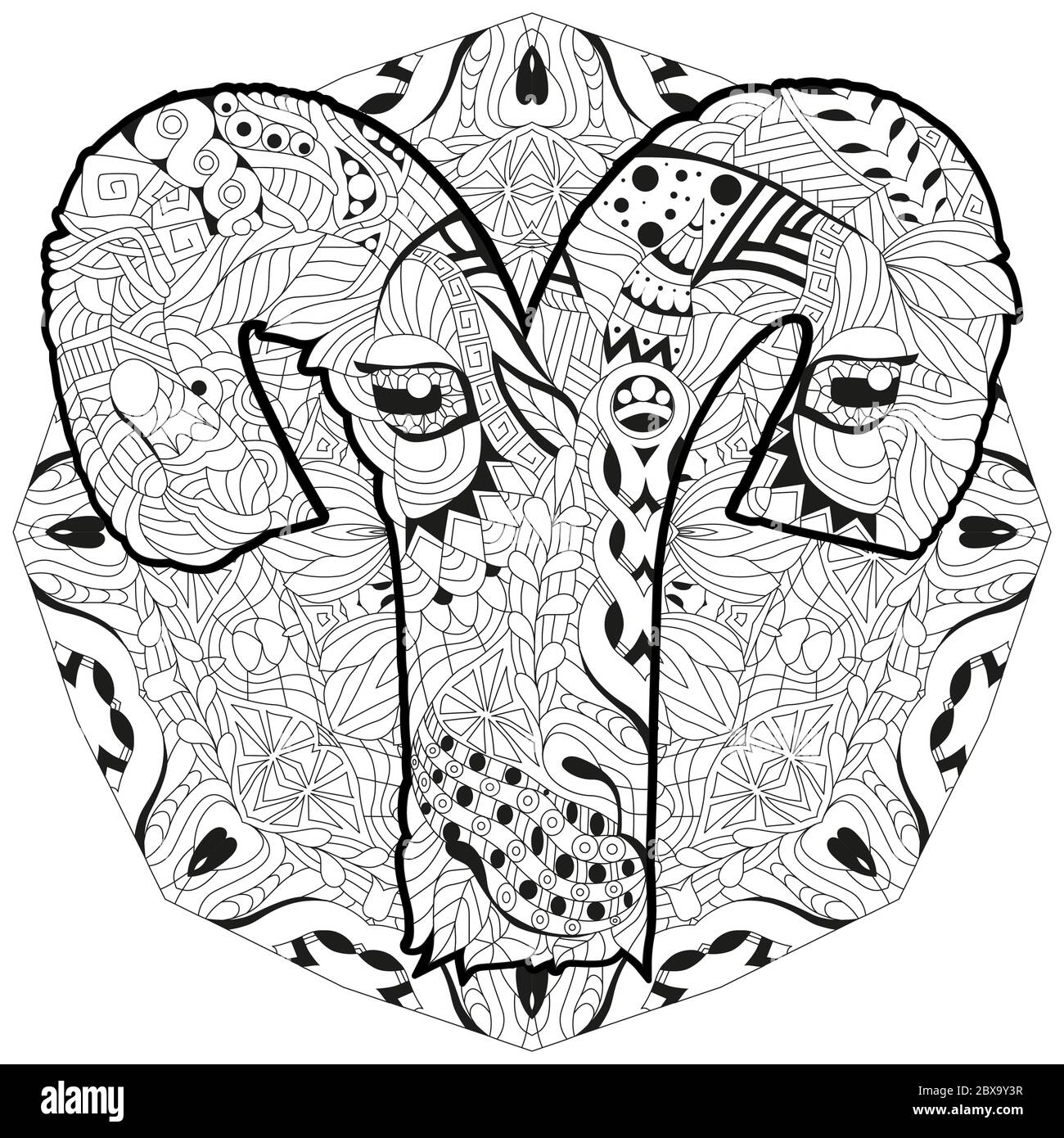 Aries signe zodiaque mignon personnage de lion de dessin animé rétro zentangle stylisé en vecteur avec mandala Illustration de Vecteur