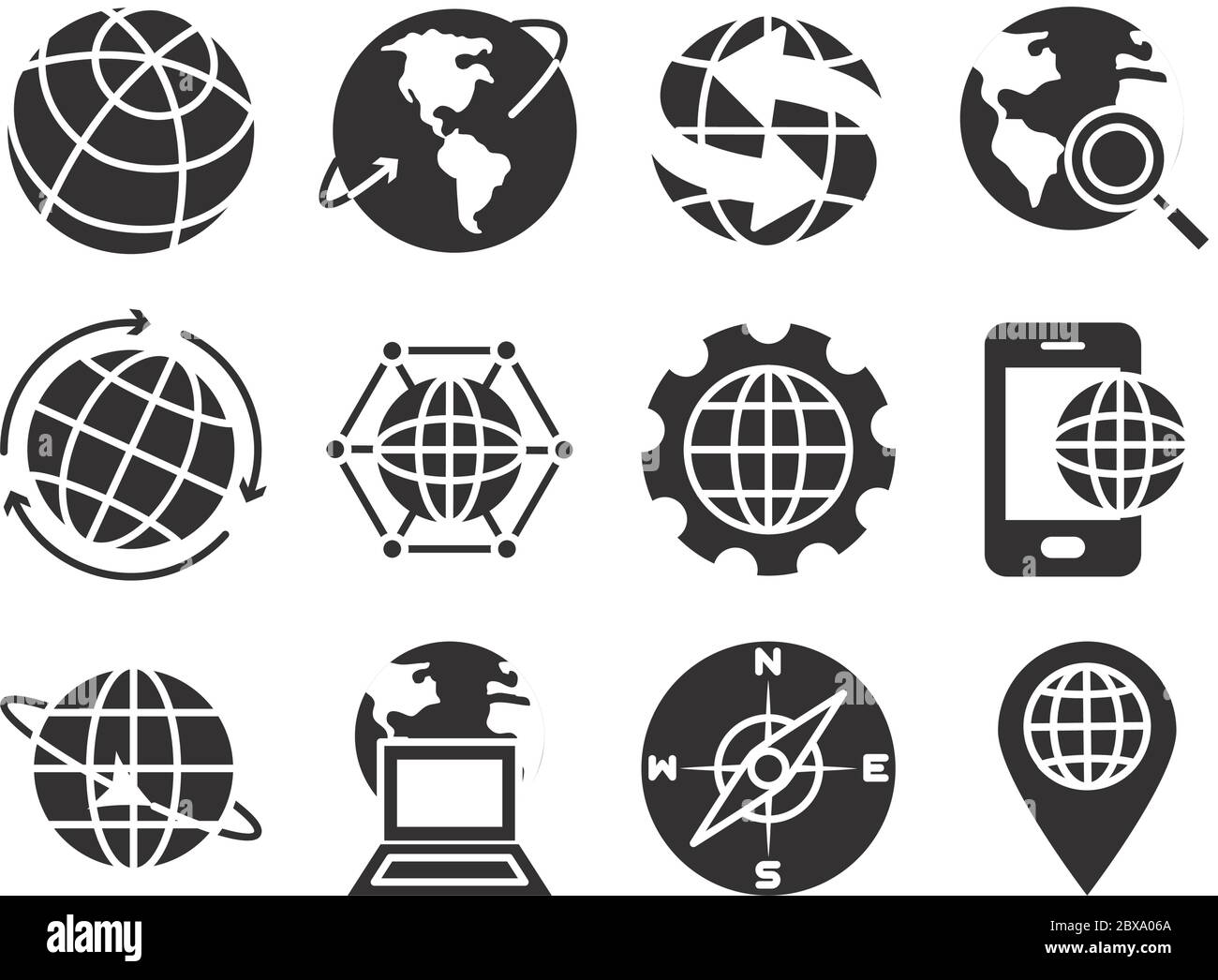 ordinateur portable et icône du monde sur fond blanc, sytle de silhouette, illustration vectorielle Illustration de Vecteur