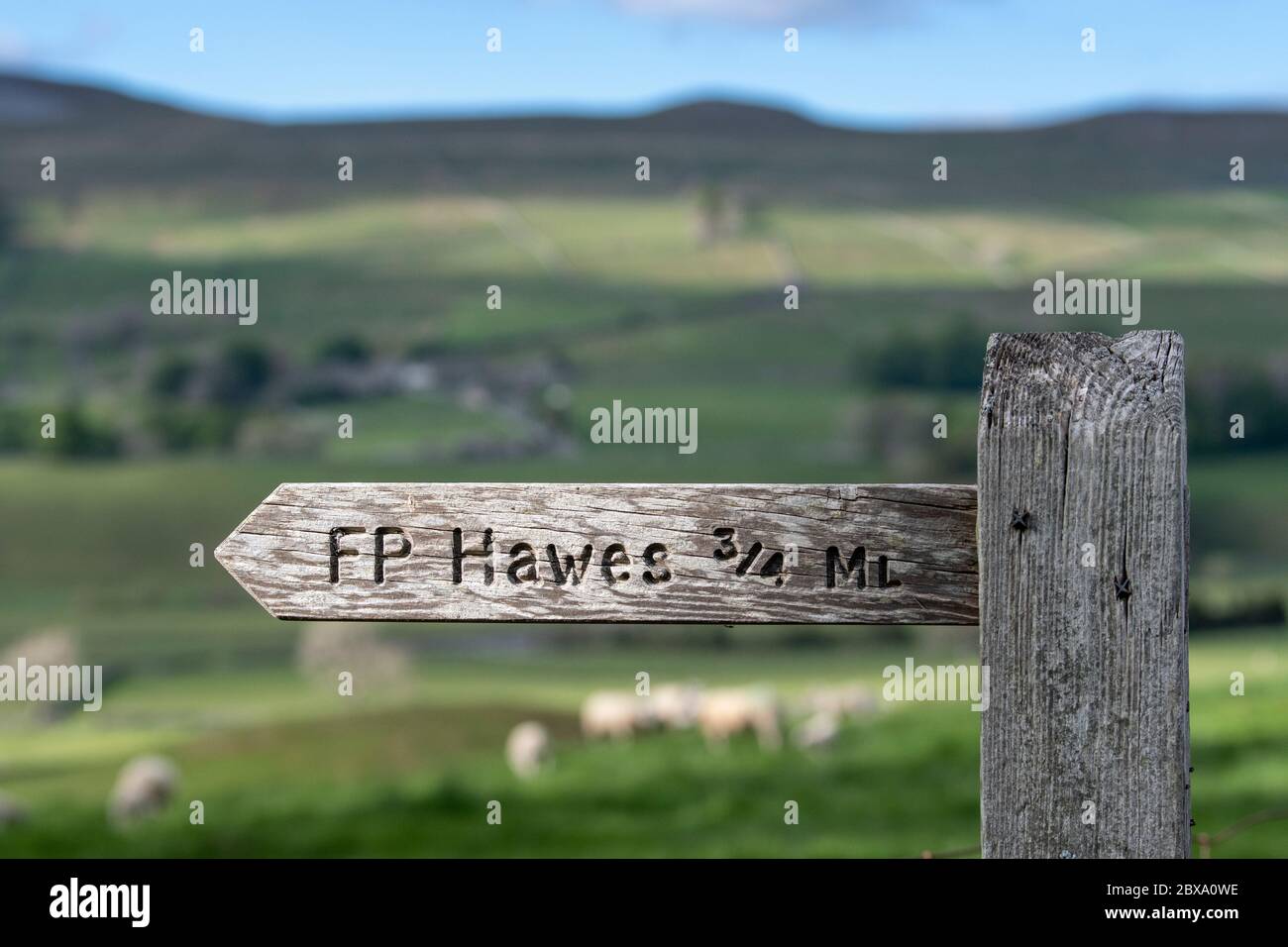 Panneau en bois indiquant la direction du sentier vers Hawes dans le parc national de Yorkshire Dales, Royaume-Uni. Banque D'Images