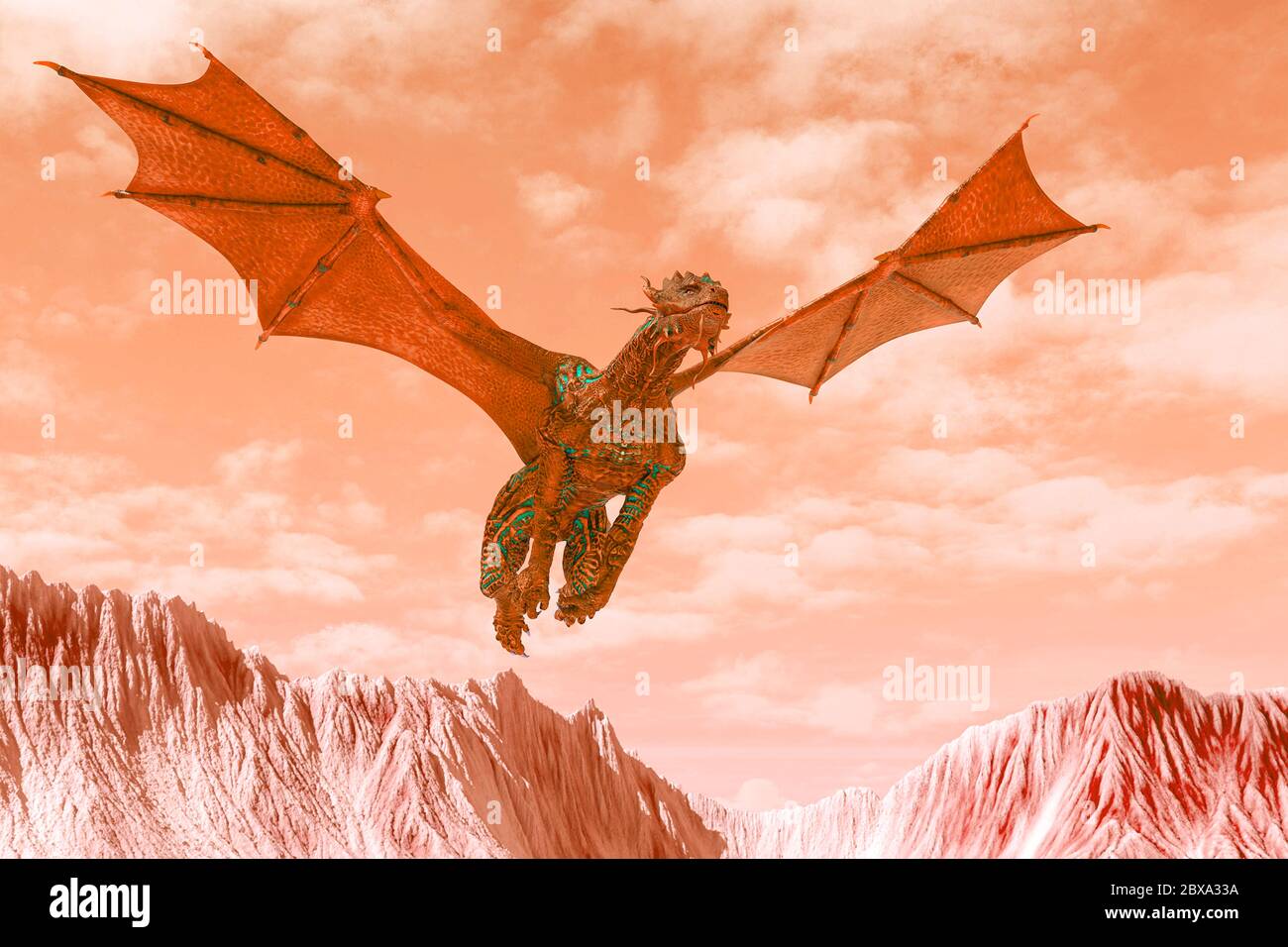 dragon de l'enfer rouge passant par sur la terre chaude, illustration 3d Banque D'Images