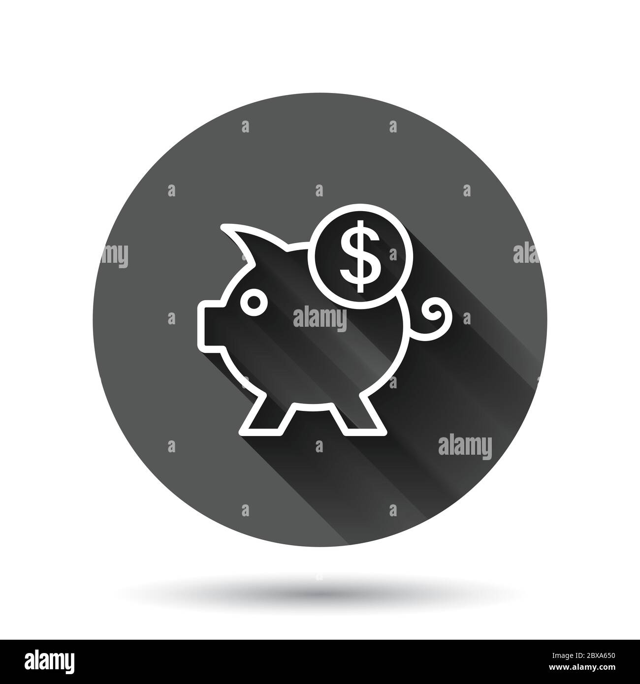 Icône de la caisse d'argent en forme de plat. Illustration du vecteur du conteneur de porc sur fond noir rond avec effet d'ombre longue. Banque de piggy cercle bouton affaires c Illustration de Vecteur
