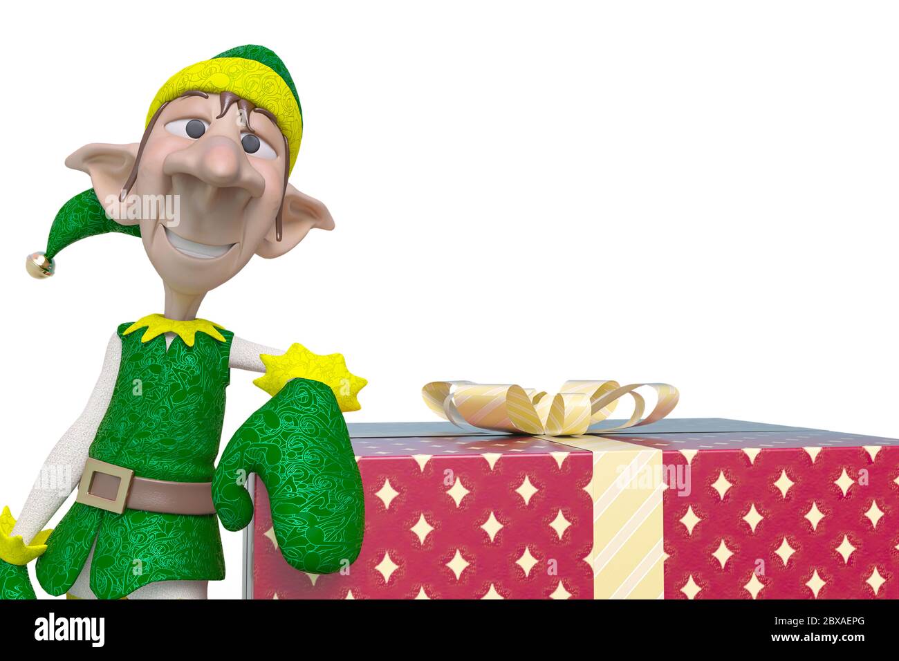 elf santa aide s'appuyant contre la boîte cadeau gros plan, illustration 3d  Photo Stock - Alamy