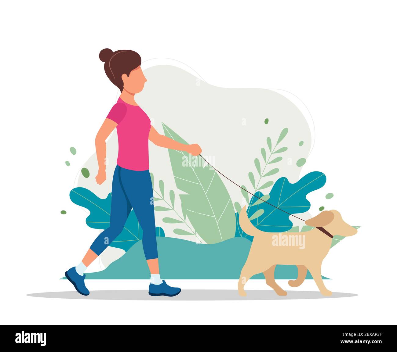 Femme avec un chien dans le parc. Illustration vectorielle de style plat, illustration conceptuelle pour un style de vie sain, le sport, l'exercice. Illustration de Vecteur