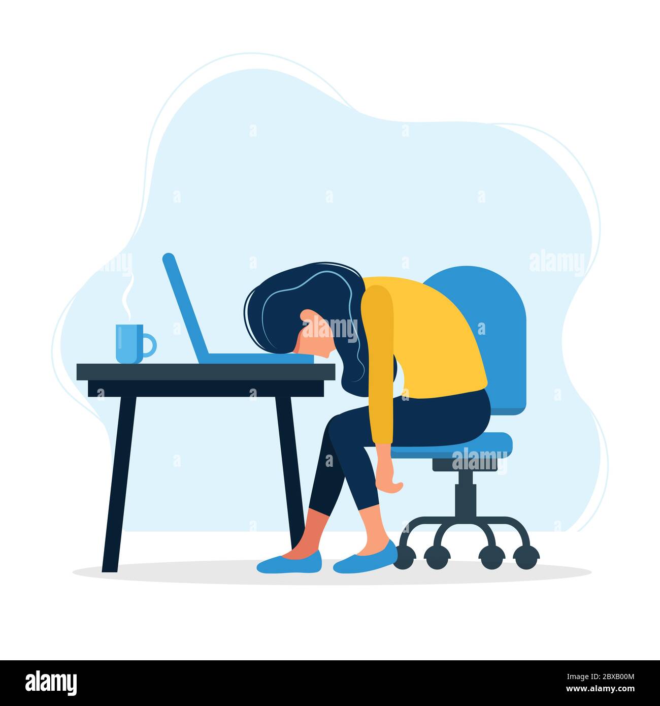 Illustration du concept de brunissage avec une employée de bureau épuisée assise à la table. Travailleur frustré, problèmes de santé mentale. Illustration vectorielle Illustration de Vecteur