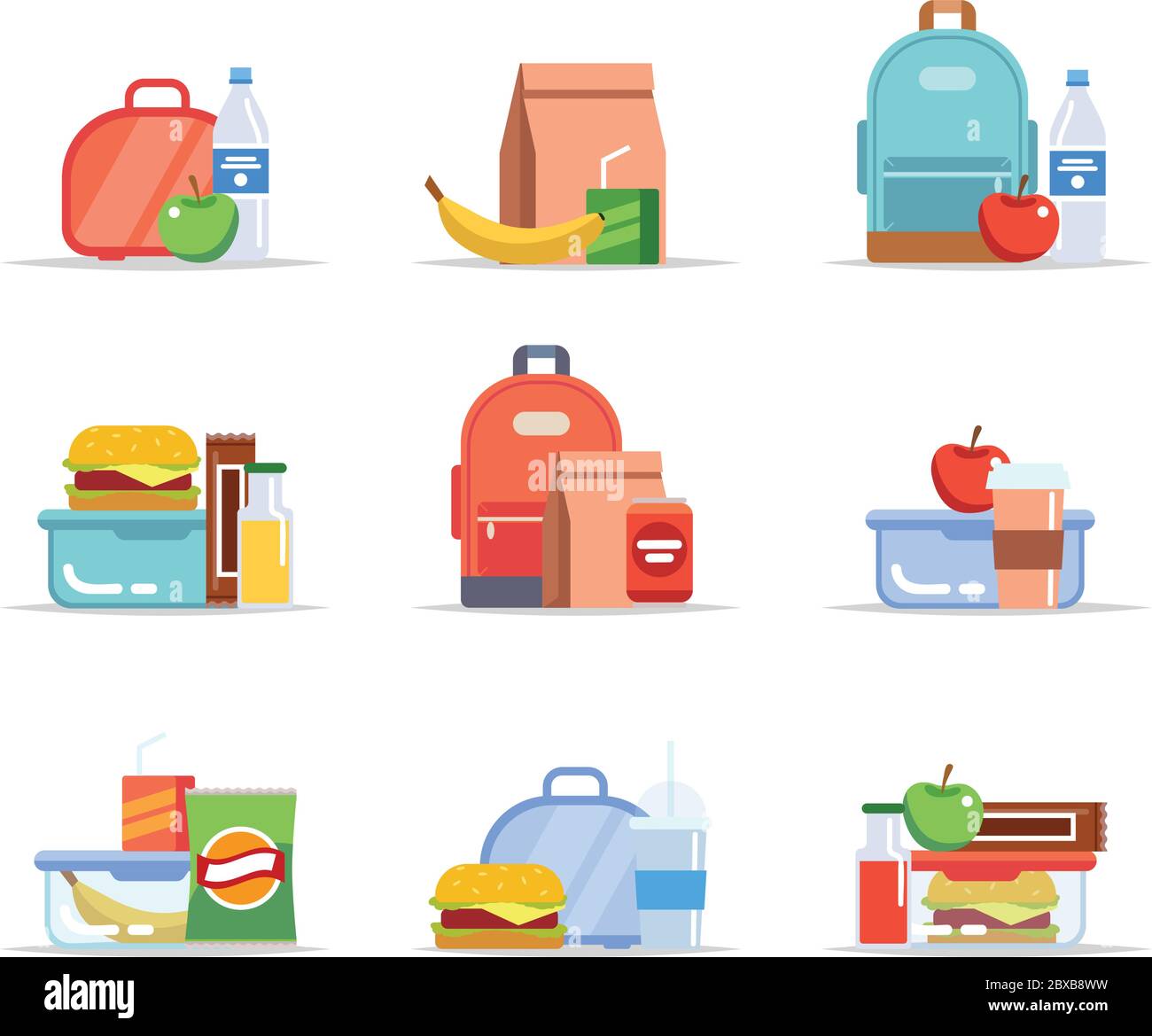 Boîte à lunch - différents types de déjeuners, repas et en-cas scolaires, plateaux repas pour enfants avec fruits, hamburgers, eau Illustration de Vecteur