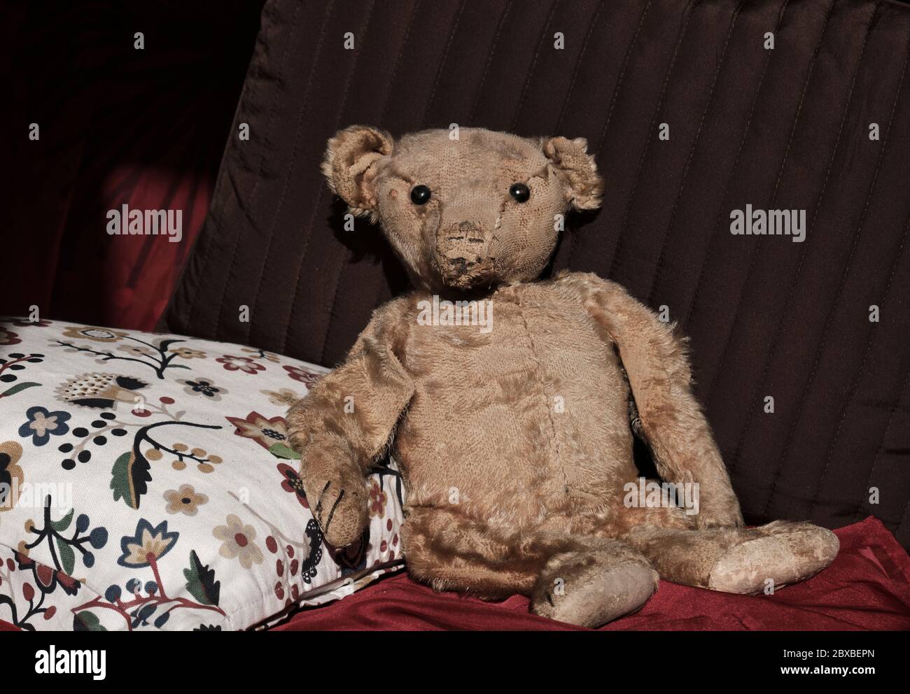 Un ours en peluche usé et bien utilisé au tournant des années 1900. Probablement un ours en peluche original assis sur des oreillers regardant l'appareil photo. Banque D'Images