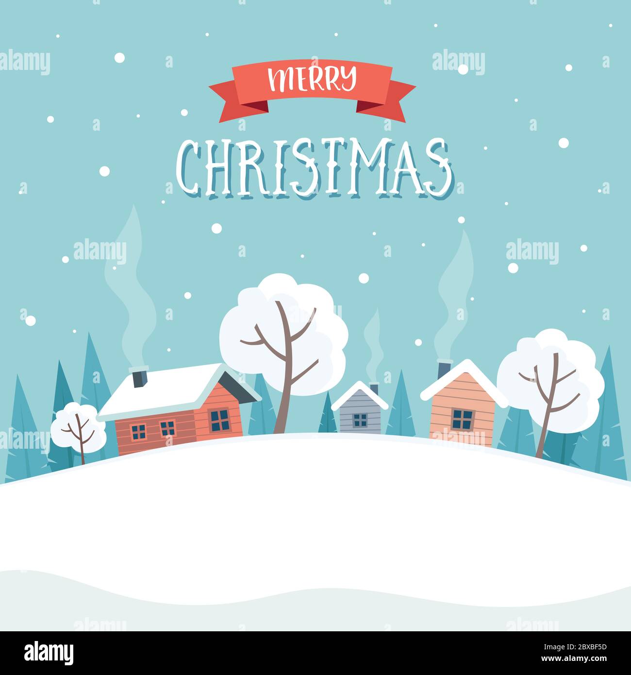 Paysage d'hiver avec de jolies maisons et arbres, modèle de carte de vœux de joyeux noël. Illustration de Vecteur
