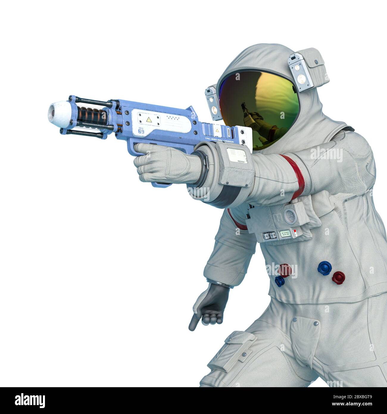 l'astronaute marche avec un pistolet laser, illustration 3d Banque D'Images
