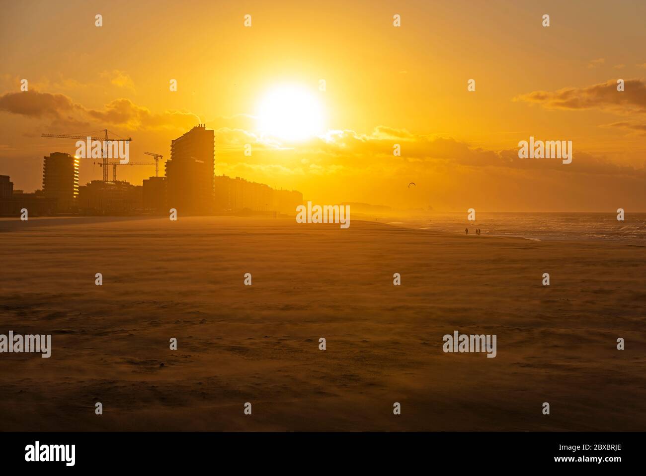 La plage d'Ostende (Ostende en anglais) et ses gratte-ciel au coucher du soleil avec vent fort le long de la mer du Nord, Flandre Occidentale, Belgique. Banque D'Images