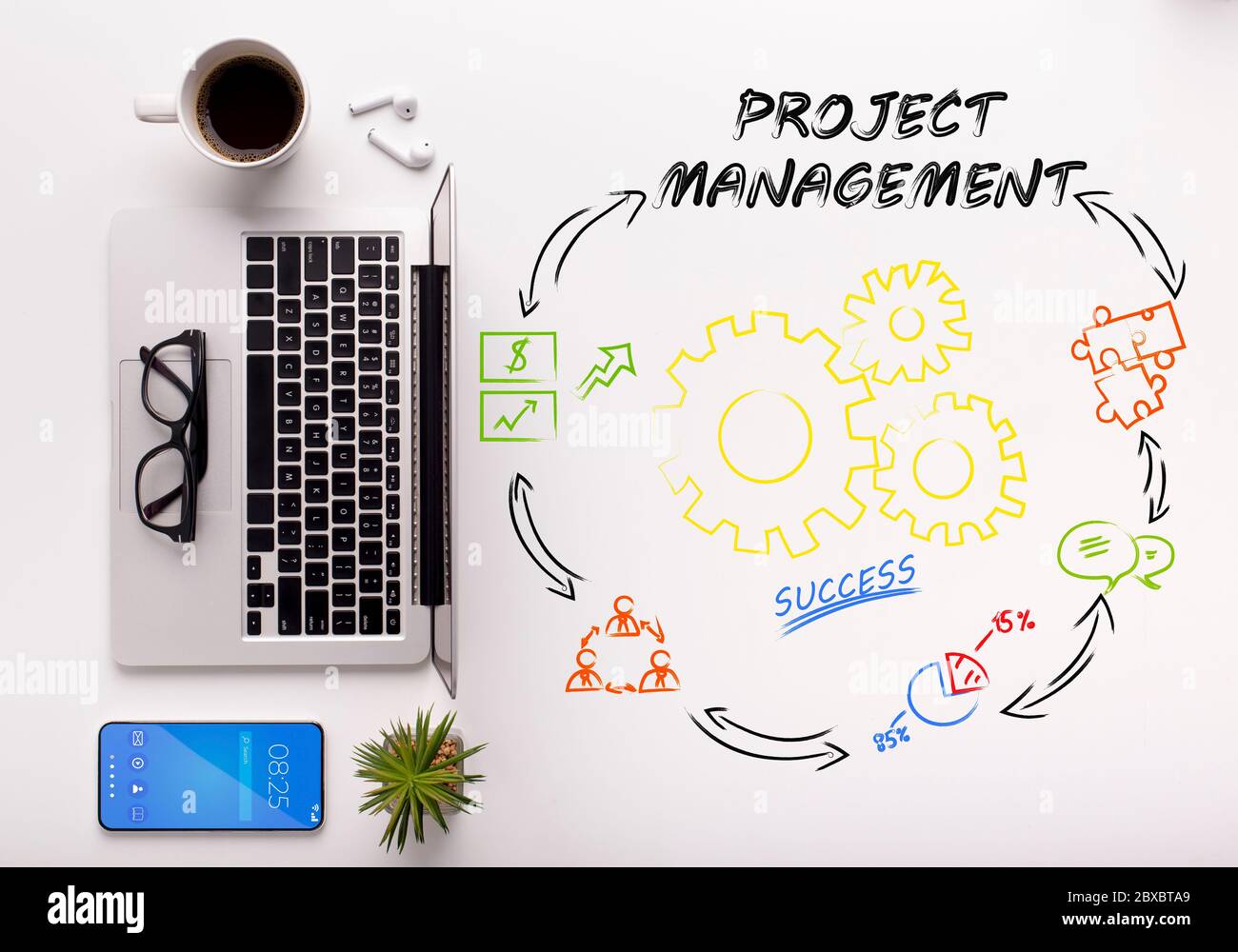 Vue de dessus de l'espace de travail avec ordinateur portable et plan de gestion de projet Banque D'Images