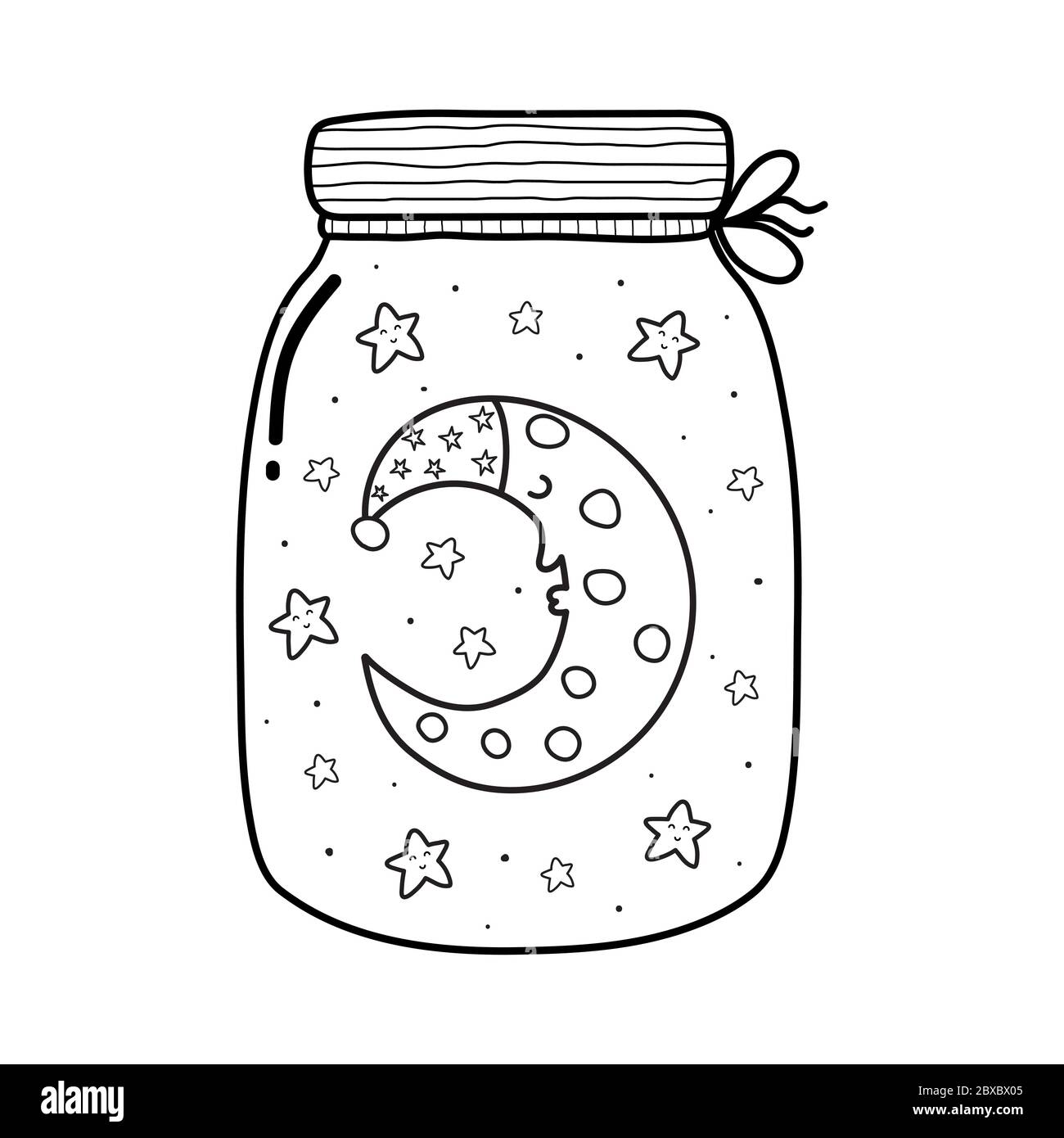 Magie dans un pot coloriage page avec une jolie lune de sommeil Illustration de Vecteur