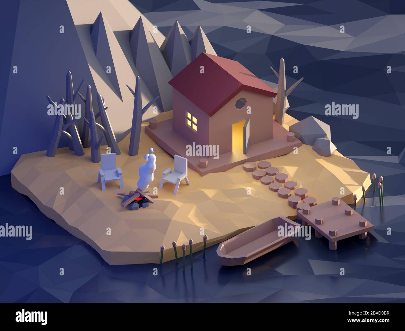 Low Poly Lake House à la fin de l'automne. illustration 3d Banque D'Images