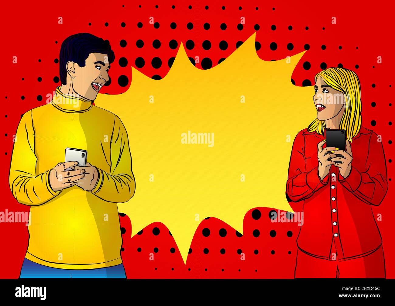 Portrait de jeunes caucasiens heureux positif homme et femme excités en utilisant le téléphone mobile. Style de bande dessinée, illustration vectorielle de dessin animé. Illustration de Vecteur