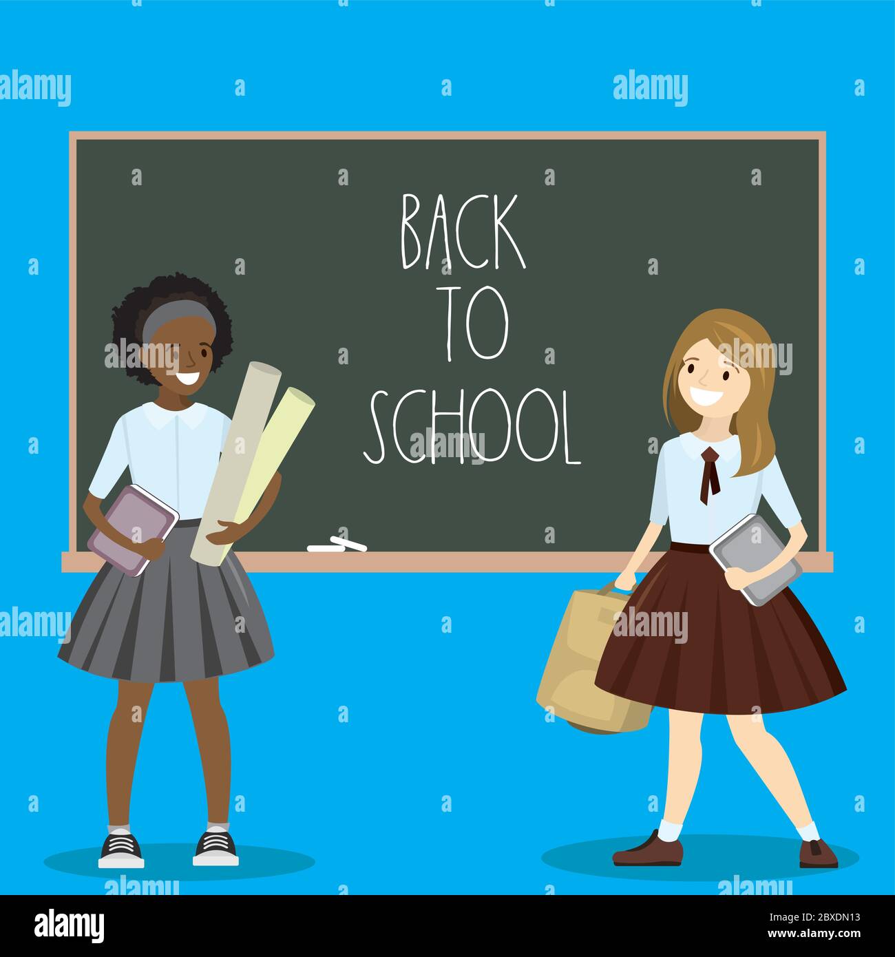 Deux écolières souriantes se tiennent près du conseil scolaire, de retour à l'école, illustration vectorielle plate Illustration de Vecteur