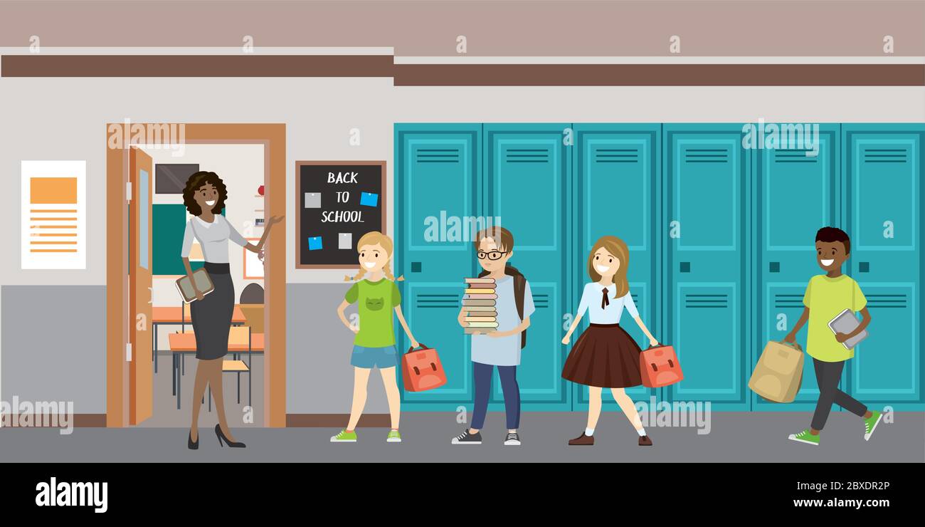 Caricature femme enseignant et différents élèves dans la salle d'école, intérieur de l'école, illustration vectorielle plate Illustration de Vecteur