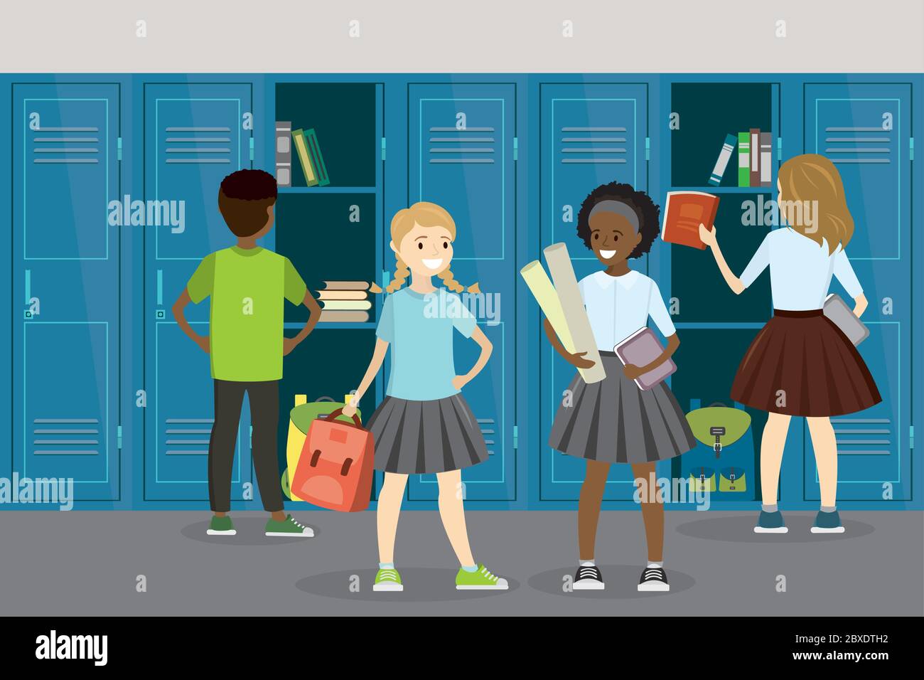 Différents élèves adolescents dans la salle d'école, ouvert et fermé casiers scolaires, intérieur et mobilier de l'école, illustration vectorielle plate Illustration de Vecteur