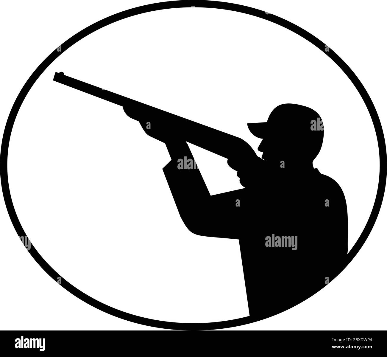 Illustration d'une silhouette d'oiseau de gibier sauvage avec fusil de chasse visant et tir vu du côté placé à l'intérieur ovale sur dos blanc isolé Illustration de Vecteur