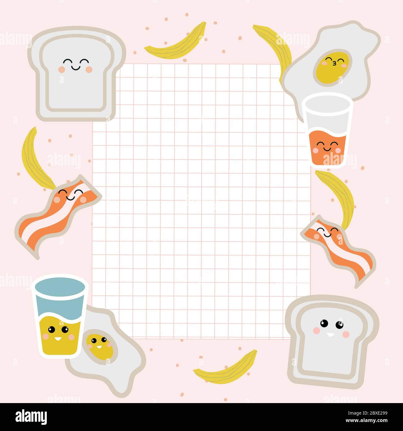 Fond kawaii avec petit déjeuner mignon. Produits: Oeuf, bacon, pain, un verre de jus, banane. Une feuille de papier dans une cage pour une recette. Couleurs délicates Illustration de Vecteur