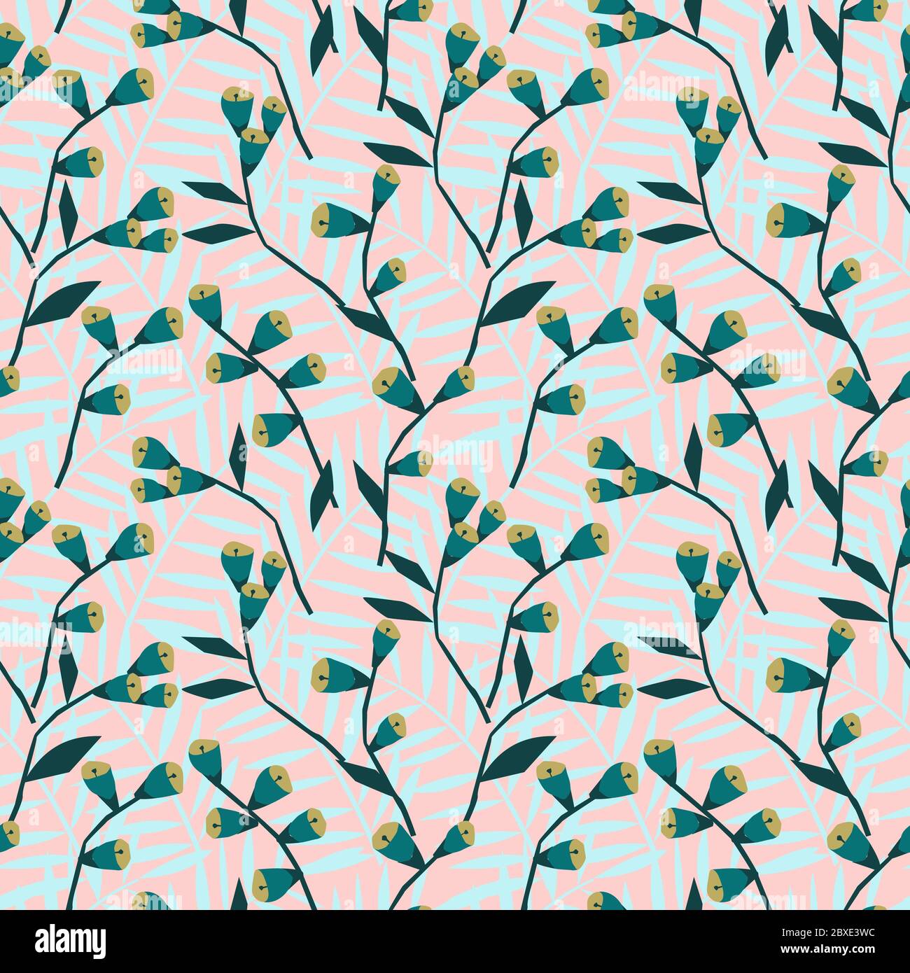 Motif sans couture de petites branches avec fleurs jaunes. Petites fleurs géométriques et feuilles tropicales sur un fond. Répétition de l'ornement dans délicat Illustration de Vecteur