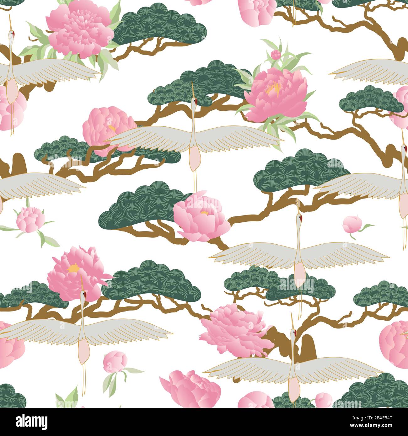 Motif sans couture avec grues blanches japonaises, bonsaïs et pivoines roses sur fond blanc. Illustration de Vecteur