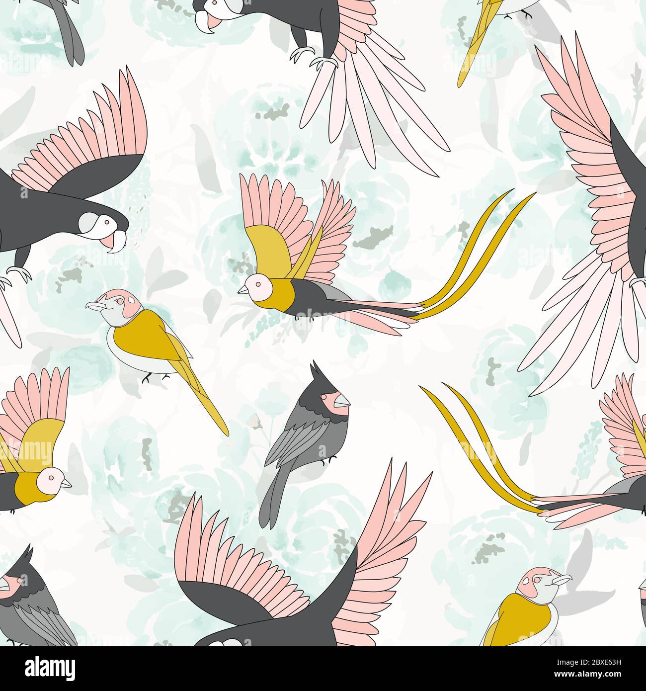 Motif sans couture avec oiseaux tropicaux, perroquets. Sur fond bleu de fleurs de pivoines. Fond délicat pour le tissu. Illustration de Vecteur