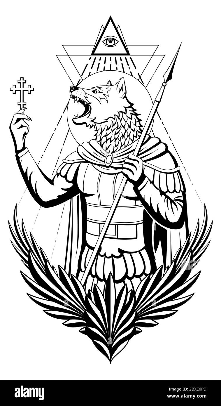 Saint Christopher est représenté avec la tête d'un chien et tient une croix dans sa main, un œil tout-voyant au-dessus de sa tête. Illustration de Vecteur