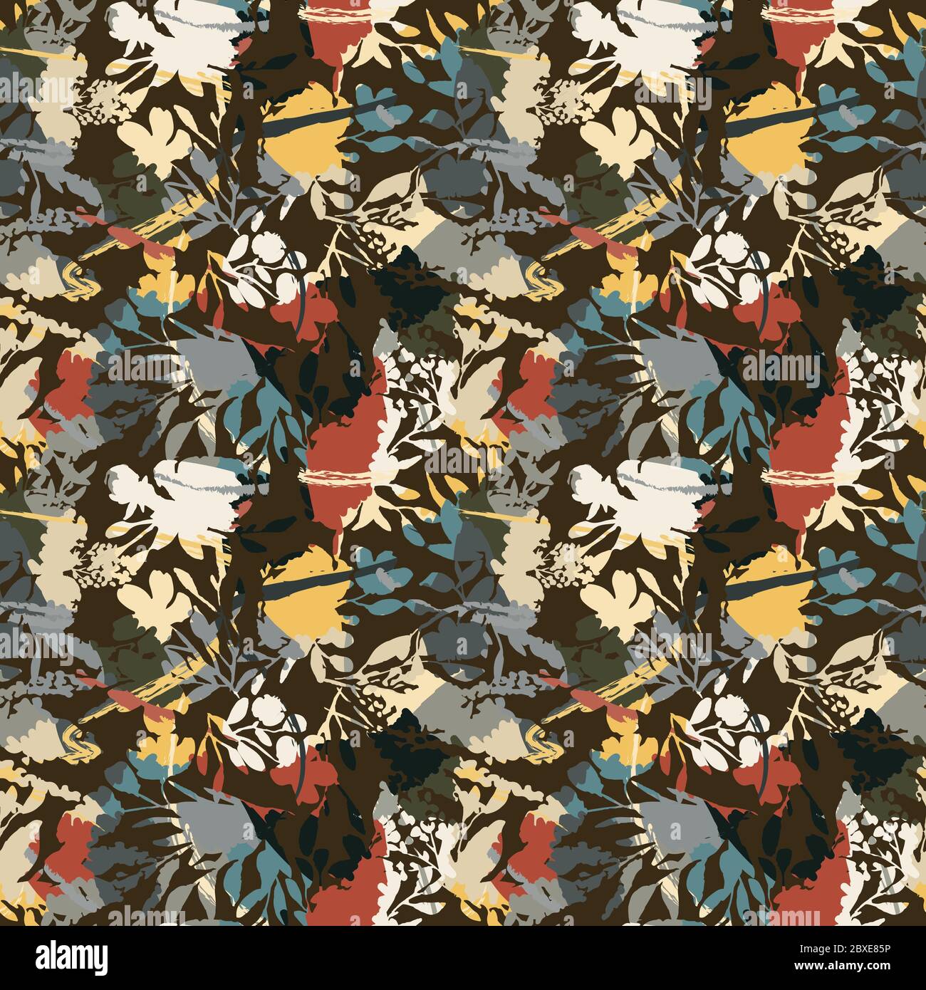 Motif sans couture avec fleurs et feuilles colorées. Pivoines, fleurs sauvages, coquelicots. Motif printemps fleuri abstrait, motif été. Fond lumineux et juteux pour Illustration de Vecteur