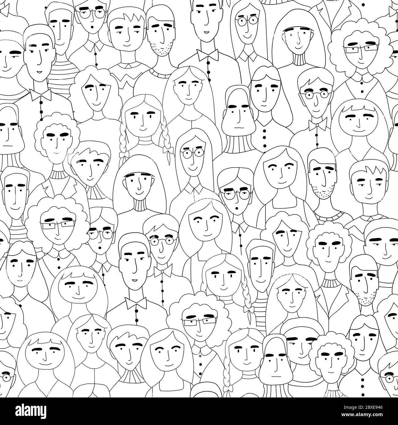 Livre de coloriage noir et blanc pour enfants. Beaucoup de gens, différents visages et coiffures. Dessins animés, hommes et femmes, dessinés par des mains doodle. Illustration de Vecteur