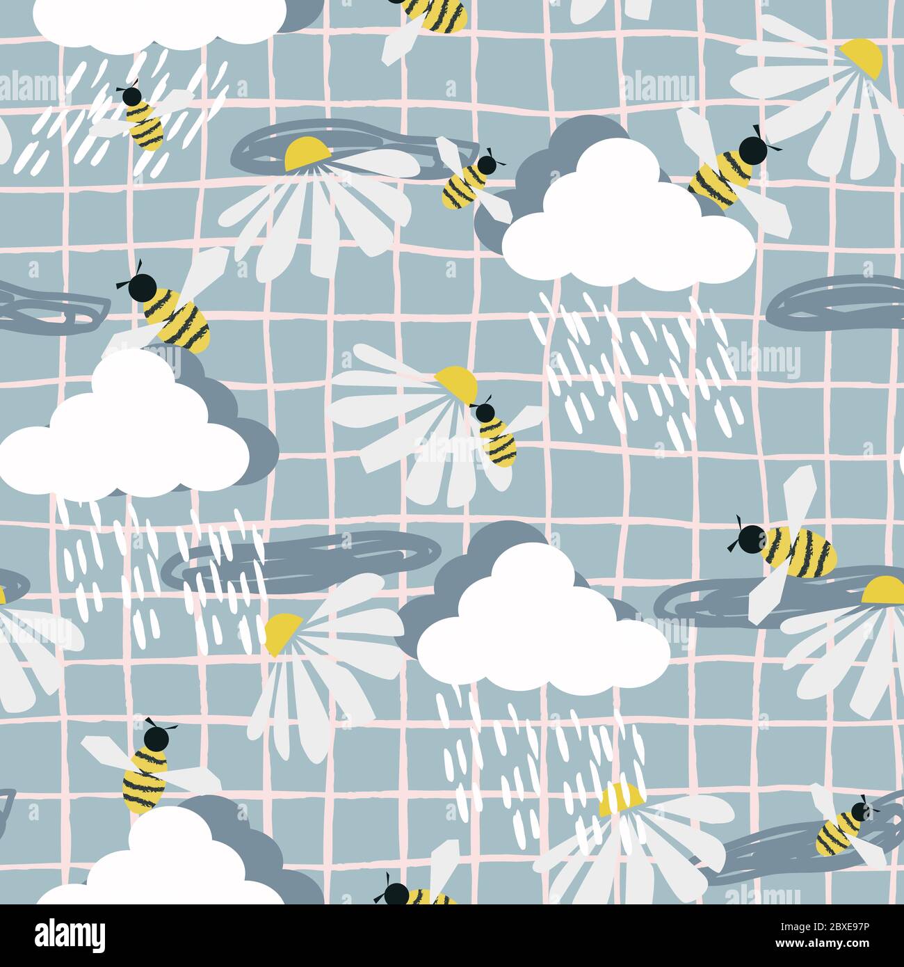 Joli dessin animé sans couture avec des abeilles et des pâquerettes sur un fond de petits nuages blancs et de pluie. Fond à carreaux Golubov avec temps pluvieux Illustration de Vecteur