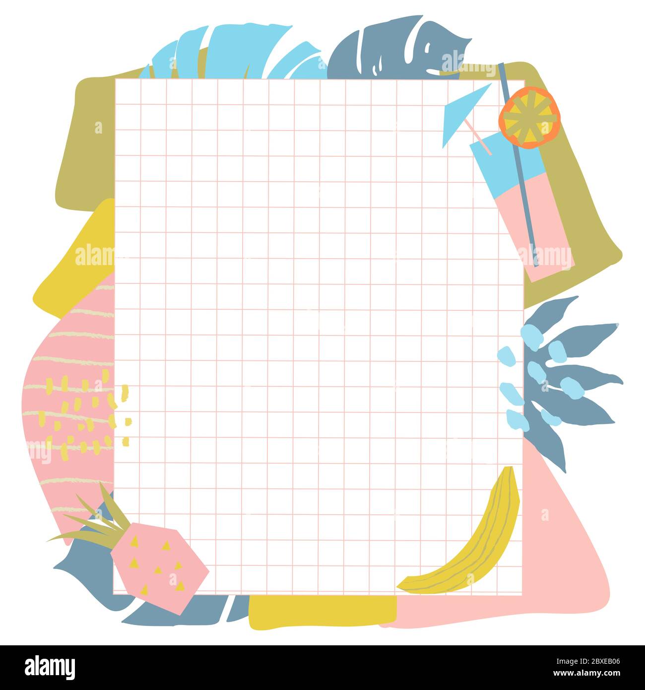 Arrière-plan avec des feuilles tropicales lumineuses, des imprimés animaux, des fruits tropicaux et une feuille d'un carnet d'école dans une cage. Collage moderne, juteux et tendance. Illustration de Vecteur