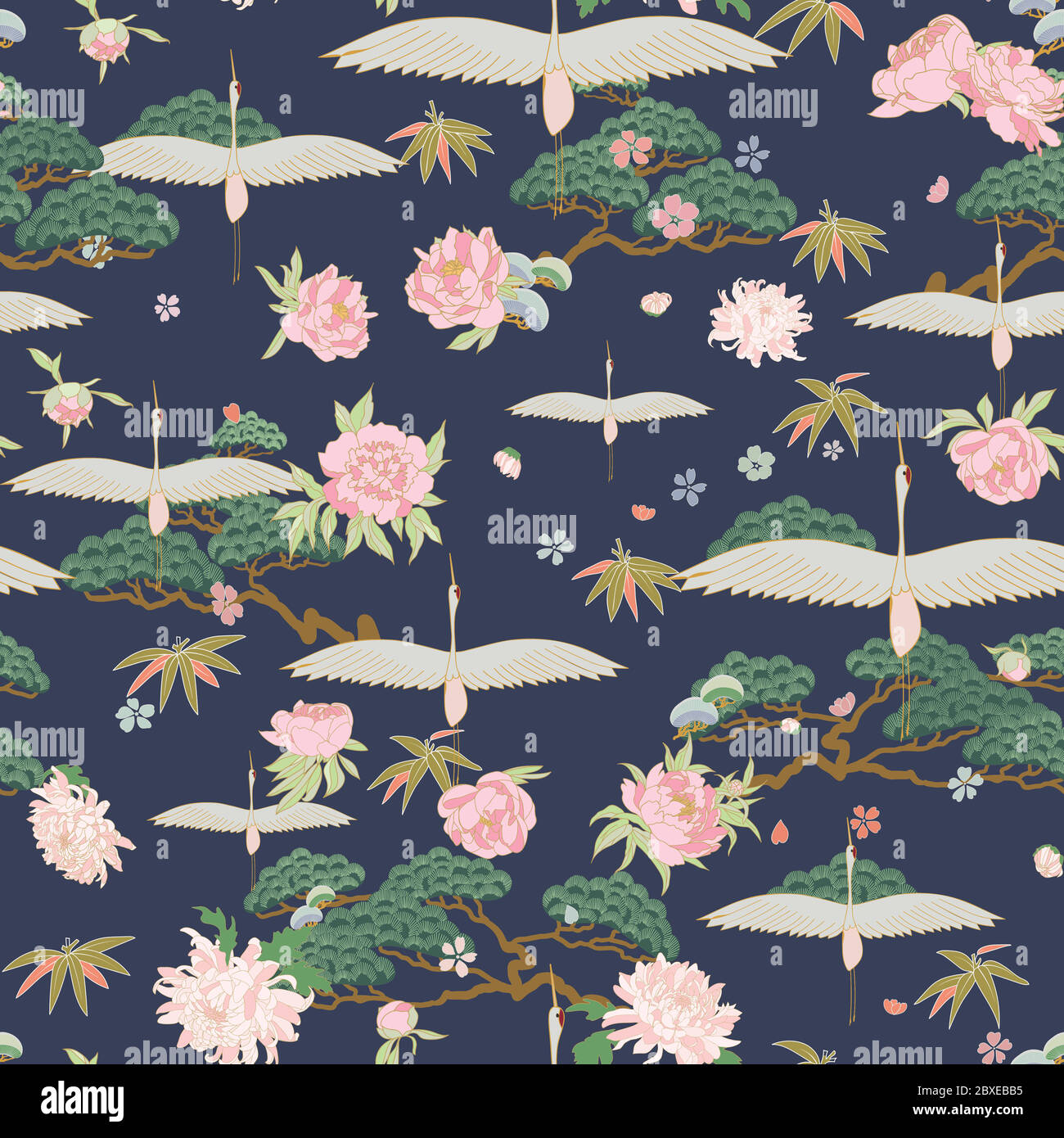 Motif sans couture avec grues blanches japonaises, bonsaïs et pivoines roses sur fond bleu. Illustration de Vecteur