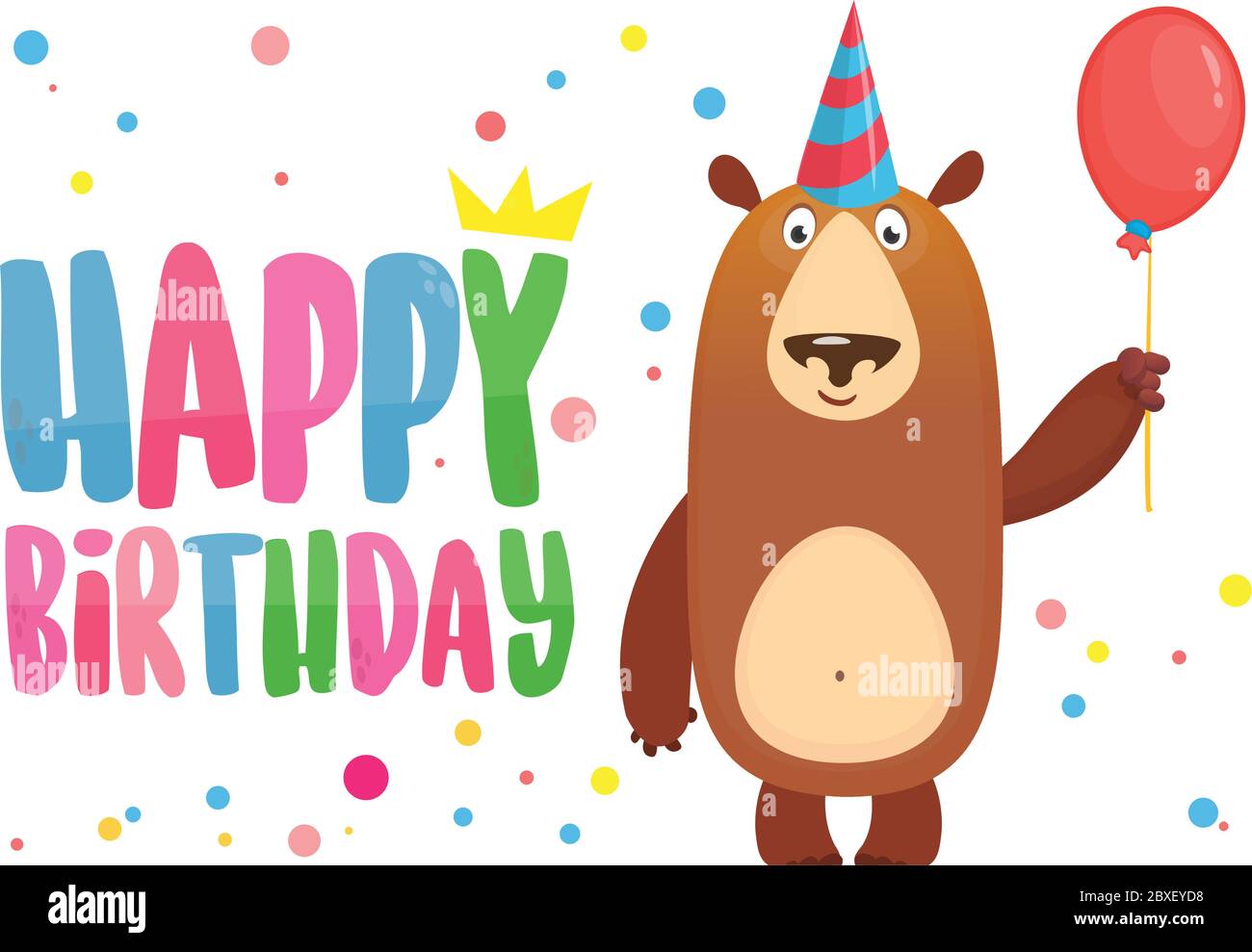 Dessin Anime Drole Ours Tenant Ballon Rouge Illustration De L Inscription Joyeux Anniversaire Image Vectorielle Stock Alamy