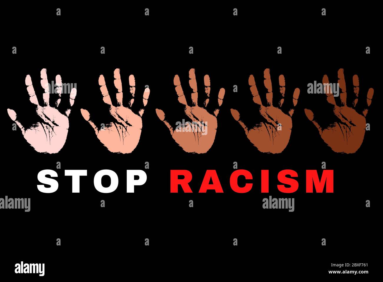 Illustration de l'arrêt du racisme montrant 5 paume de couleur. Il y a une énorme protestation en cours dans de nombreuses villes des États-Unis d'Amérique à la suite de la mort de George Banque D'Images