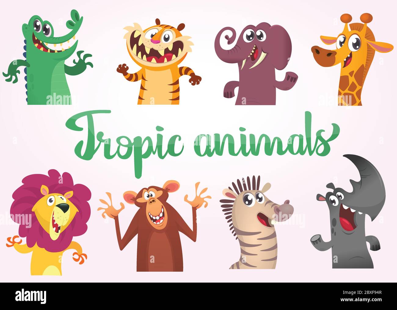 Ensemble animaux sauvages à tropisme. Illustrations vectorielles d'animaux africains. Crocodile, tigre, éléphant, girafe, lion, chimpanzé singe, zébré Illustration de Vecteur