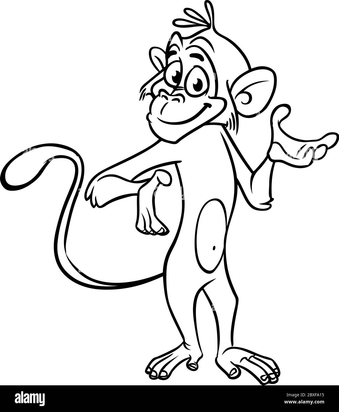 Dessin animé singe chimpanzé drôle agitant la main et présentant les contours. Illustration vectorielle sur la mascotte de singe art isolé ligne Illustration de Vecteur