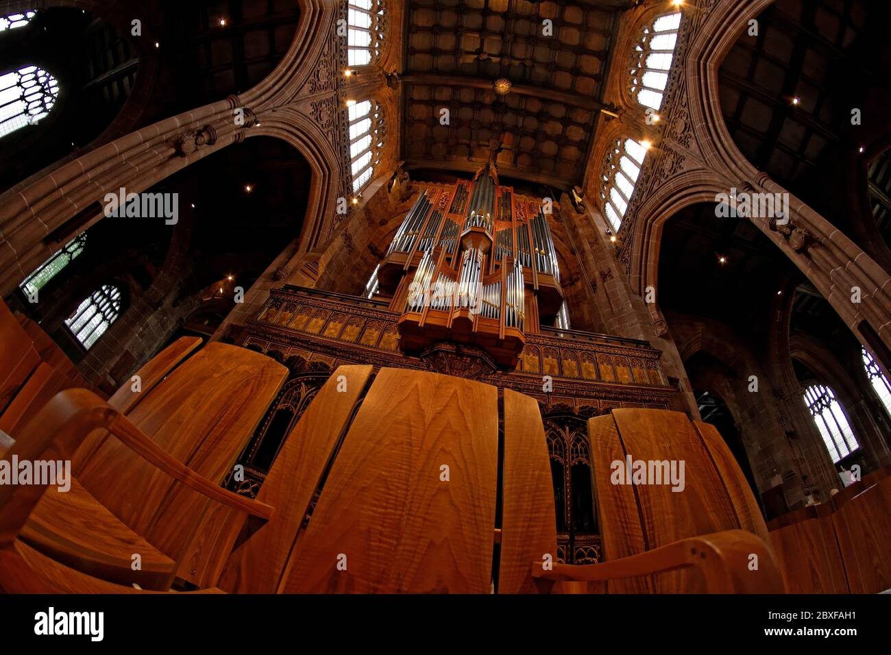 Vue vers le haut depuis la nef de l'orgue de la cathédrale de Manchester. La nef a de magnifiques murs et fenêtres voûtés et a a sculpté plafond en bois Banque D'Images