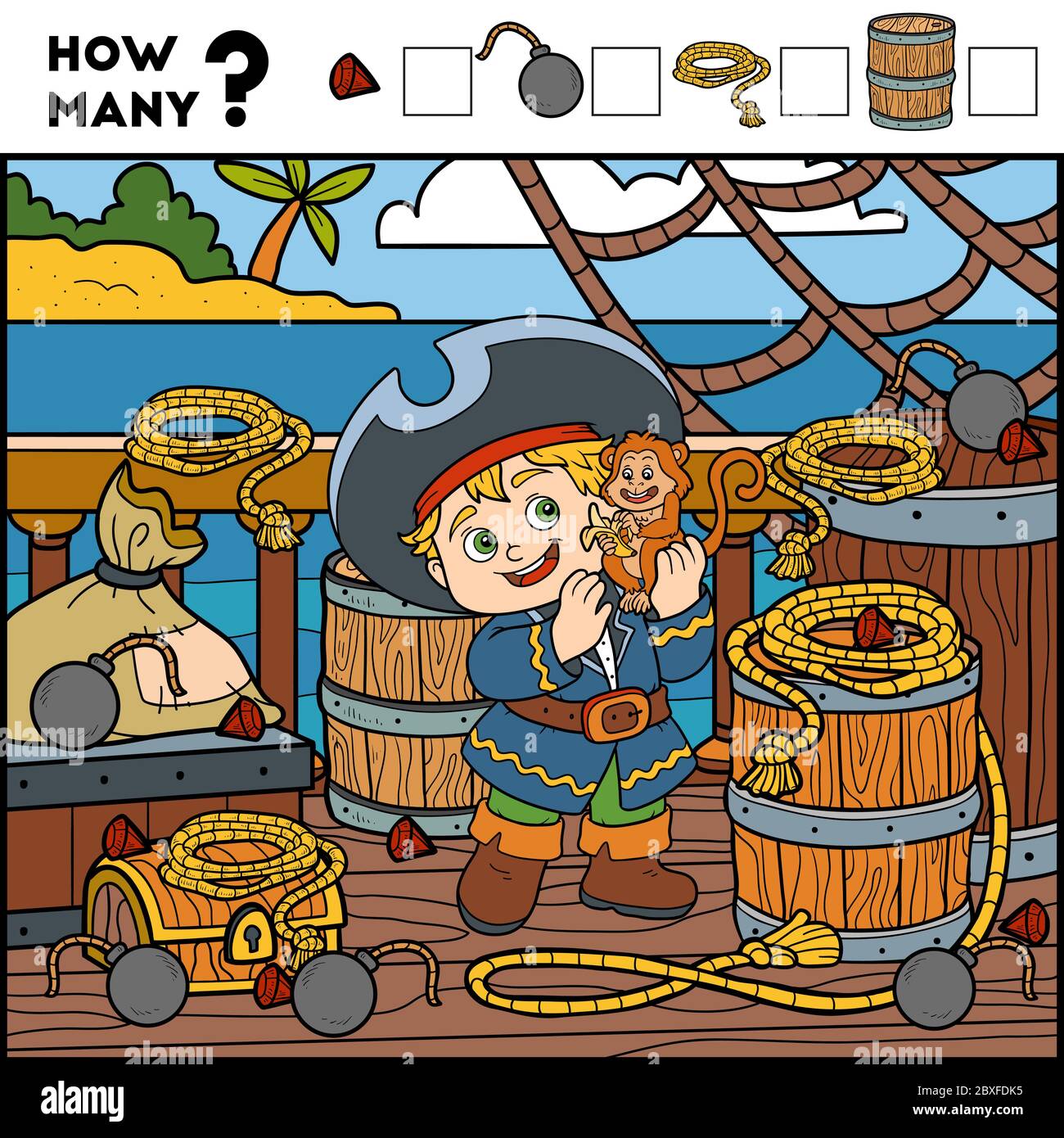 Jeu de comptage pour enfants de l'école préscolaire. Éducation un jeu mathématique. Comptez le nombre d'éléments et écrivez le résultat ! Le garçon pirate et le fond Illustration de Vecteur