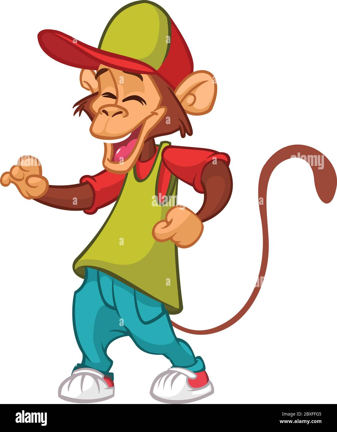 Un personnage de rappeur de singe sympa dans des vêtements modernes. Illustration de dessin animé vectoriel plat. Danse de chimpanzés Illustration de Vecteur