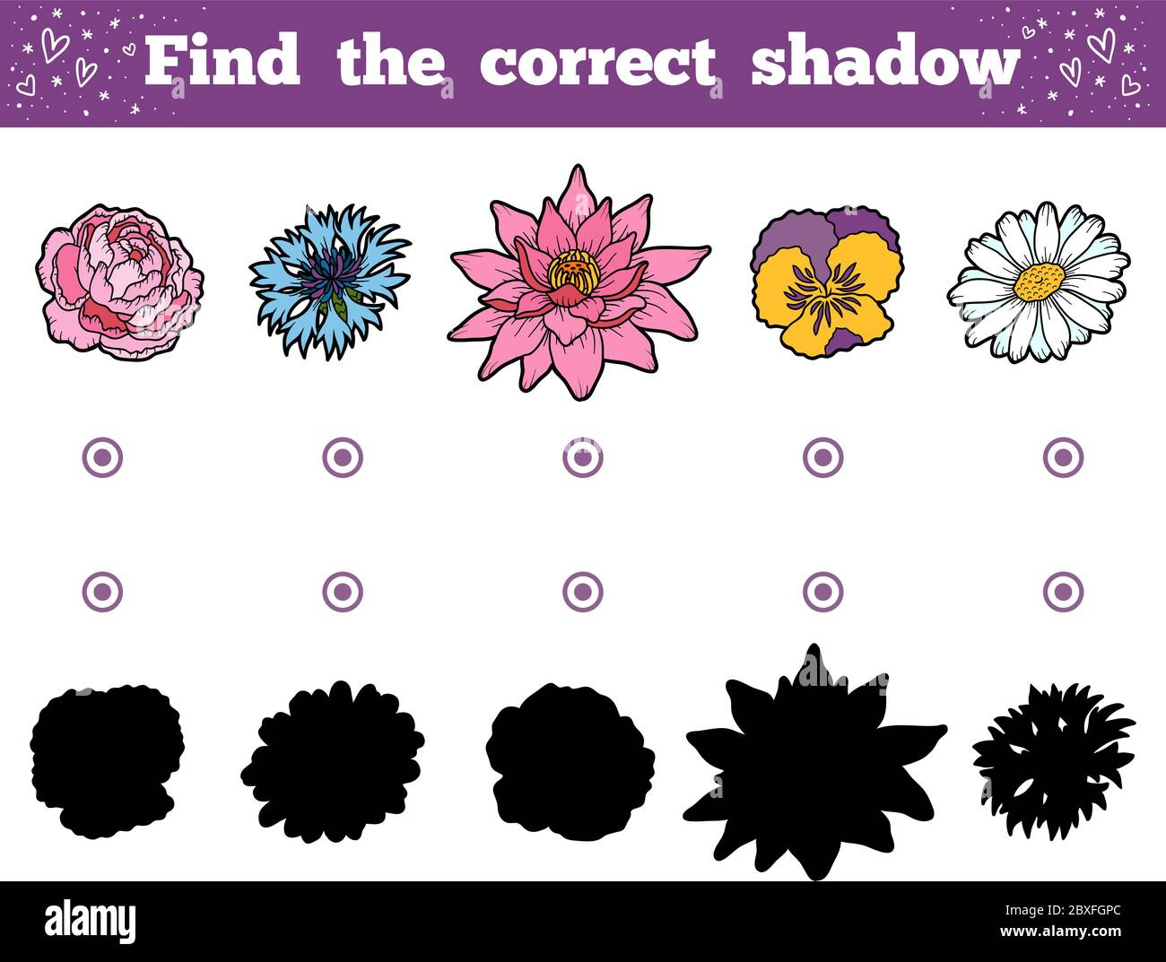 Trouvez l'ombre correcte, jeu d'éducation pour les enfants. Ensemble de fleurs Illustration de Vecteur