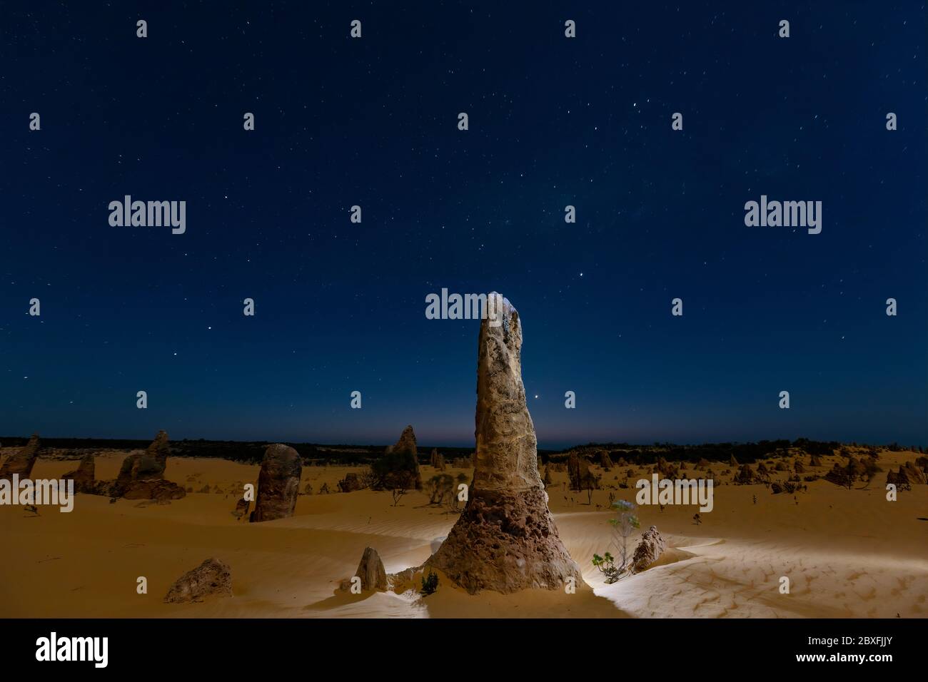 Des piles de calcaire sont peintes la nuit dans le parc national de Nambung, en Australie occidentale Banque D'Images