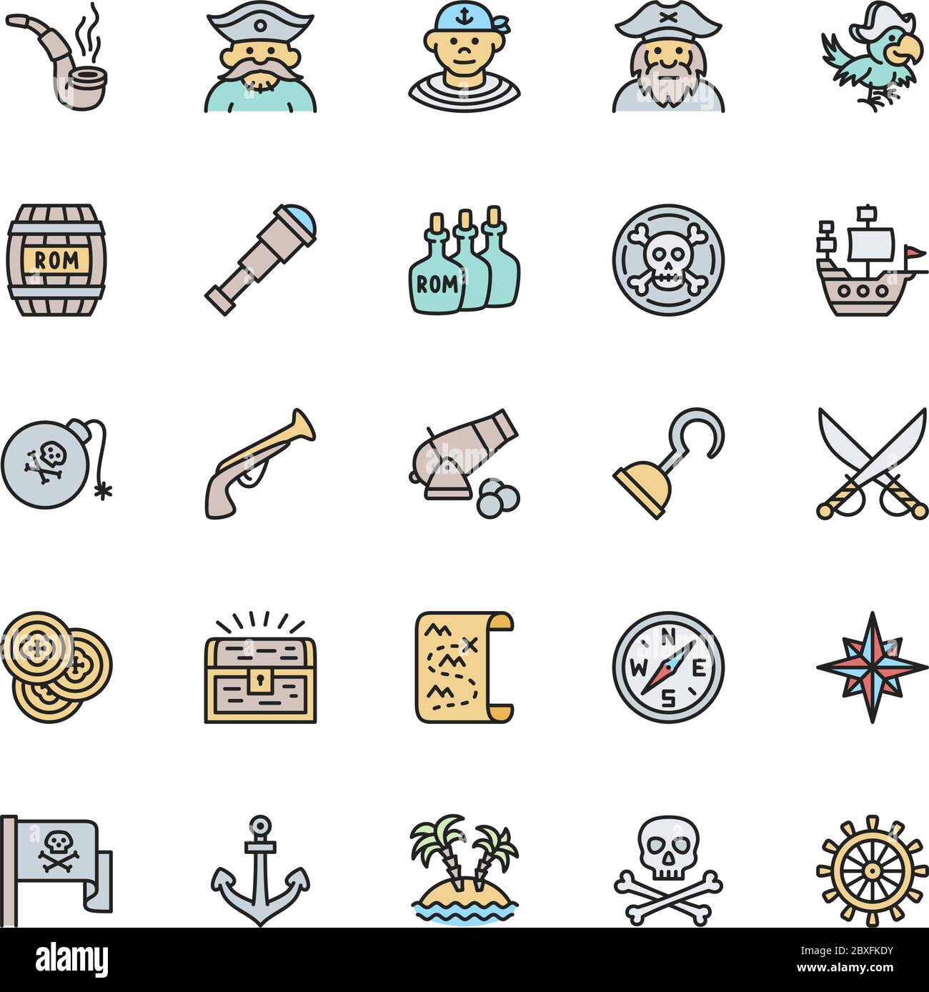 Ensemble d'icônes Pirates Flat Color Line. Marin, Boatswain, capitaine, navire et plus encore. Illustration de Vecteur