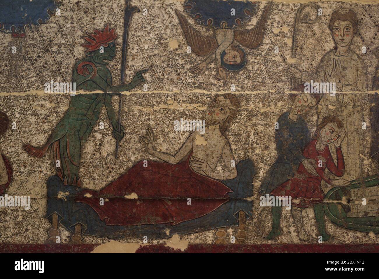 Autel frontal représentant des scènes de la vie de Saint Martin de Tours. Détails. Le diable apparaissant au saint. Style roman. Atelier Lleida. Panneau polychromé. Santa Maria de Palau de Rialb (province de Lleida, Catalogne, Espagne). Dernier tiers du XIIIe siècle. Musée du pèlerinage et Santiago. Saint-Jacques-de-Compostelle, Galice, Espagne. Banque D'Images