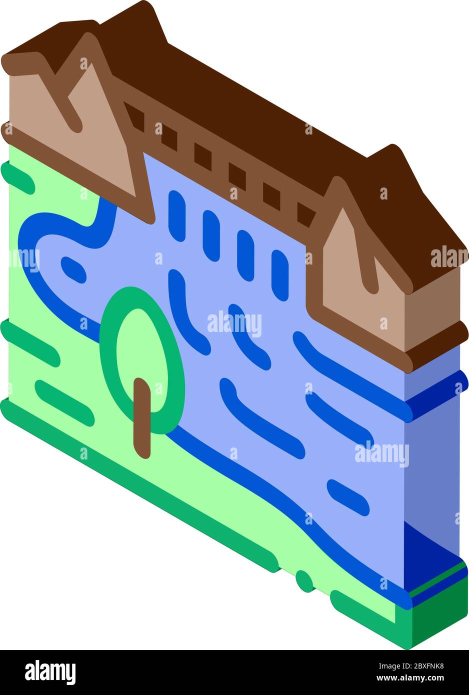 bateau en rivière paysage isométrique icône illustration vectorielle Illustration de Vecteur