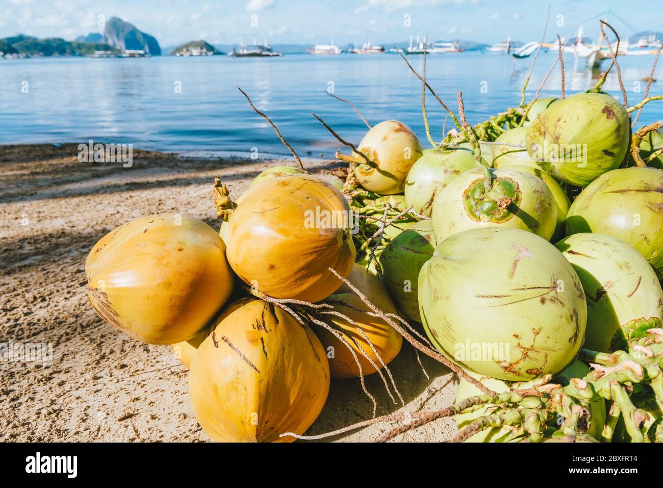 Fruits frais de noix de coco sur la plage de Corong à El Nido, Palawan, Philippines Banque D'Images